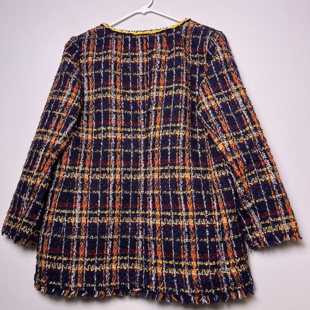 Chico's multicolor plaid tweed open-front jacket yellow braided trim Sz L - Picture 14 of 15